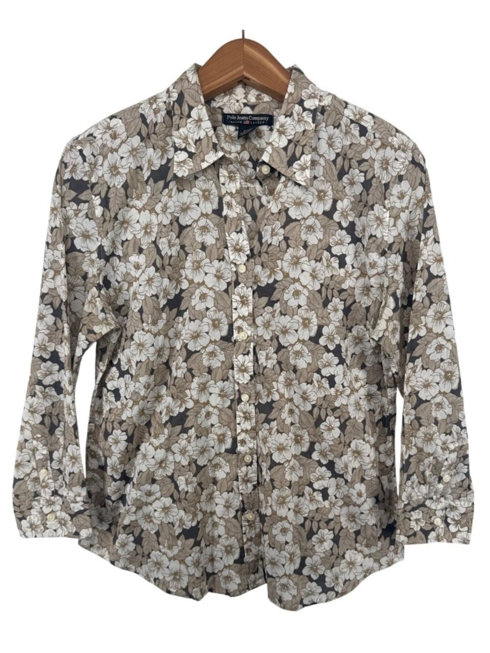 Vtg Polo Jeans Company Ralph Lauren Women Top Sz XL Beige/Tan Floral LS ButtonUp